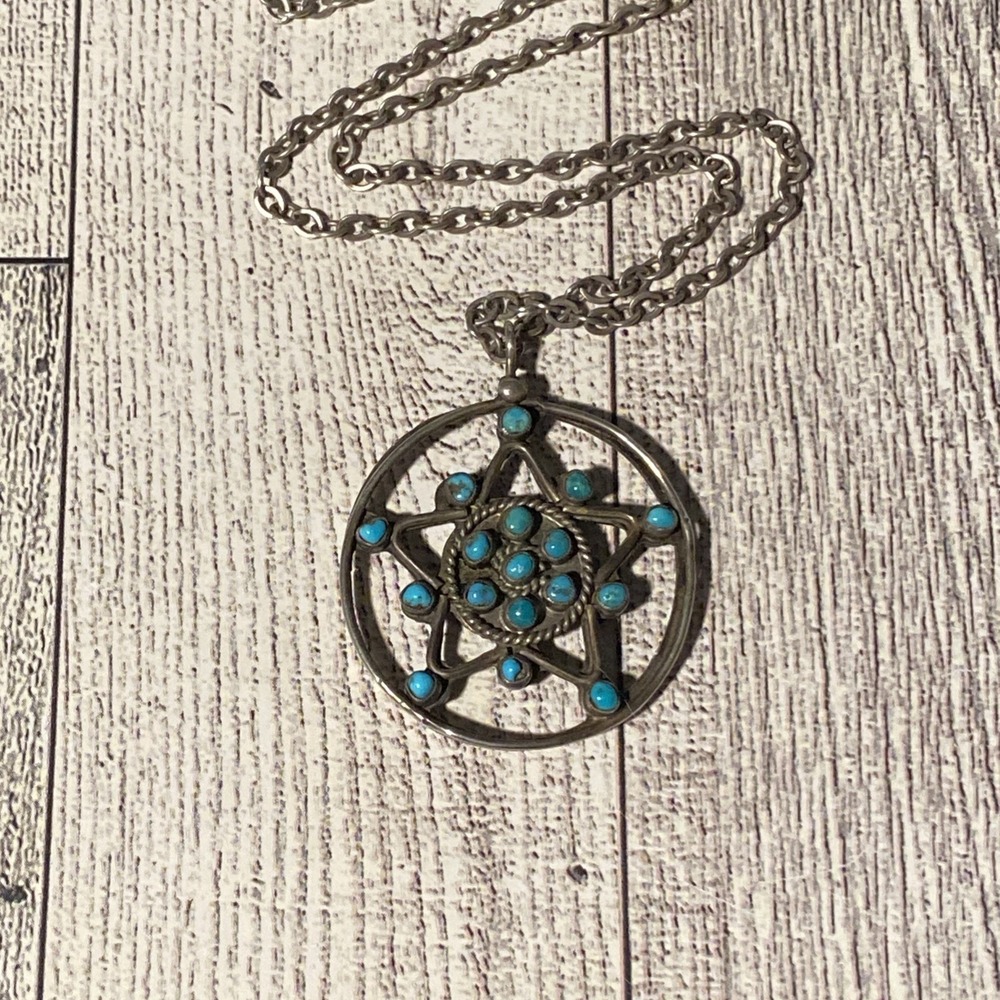Zuni Snake Eye Turquoise Coral Sterling Silver Reversible Star Pendant Necklace